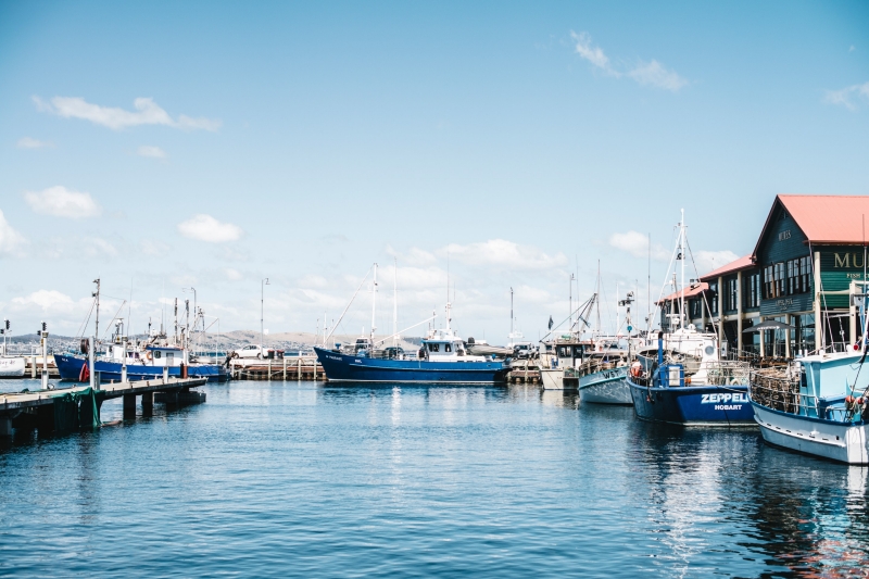 Blaue Boote im ruhigen Wasser von Hobart Harbour in Hobart, Tasmanien © Adam Gibson Blaue Boote im ruhigen Wasser von Hobart Harbour in Hobart, Tasmanien © Adam Gibson