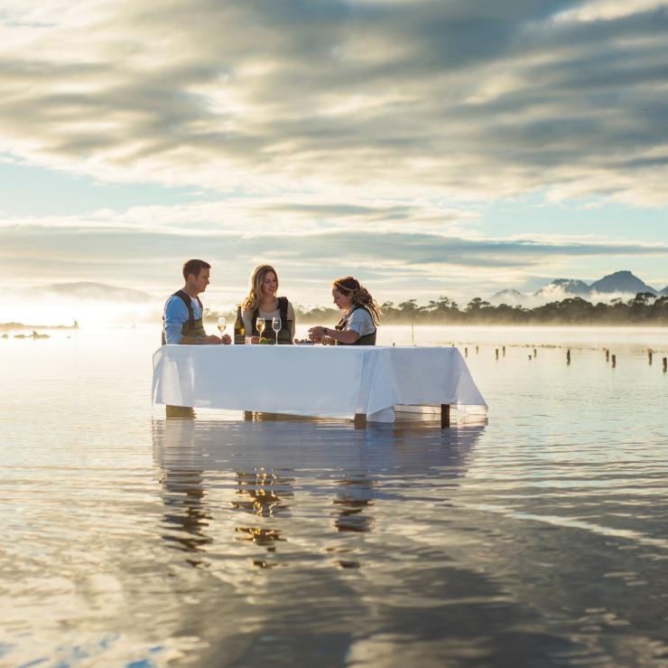 Drei Personen stehen an einem Tisch im Wasser und probieren Austern auf der Saffire Freycinet Marine Oyster Farm in Tasmaniens Coles Bay © Saffire Freycinet/Tourism Tasmania Drei Personen stehen an einem Tisch im Wasser und probieren Austern auf der Saffire Freycinet Marine Oyster Farm in Tasmaniens Coles Bay © Saffire Freycinet/Tourism Tasmania