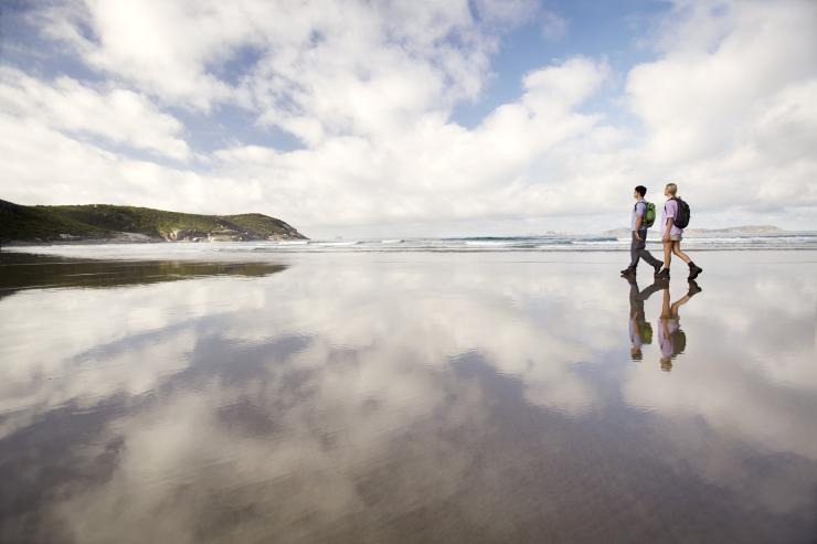 Couple walking along Squeaky Beach © Garry Moore/Visit Victoria Couple walking along Squeaky Beach © Garry Moore/Visit Victoria