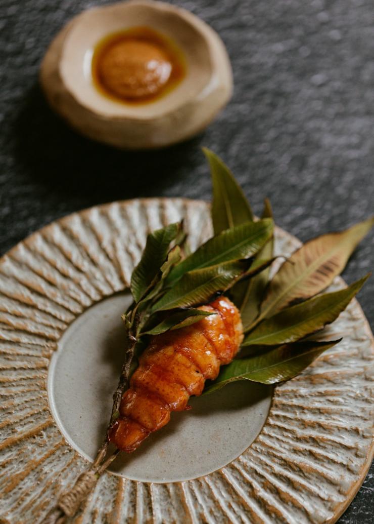 Aerial view over a delicately prepared dish resembling glazed orange seafood on a bed on a bed of green leaves at Restaurant Botanic, Adelaide, South Australia © Jonathan van der Knaap Aerial view over a delicately prepared dish resembling glazed orange seafood on a bed on a bed of green leaves at Restaurant Botanic, Adelaide, South Australia © Jonathan van der Knaap