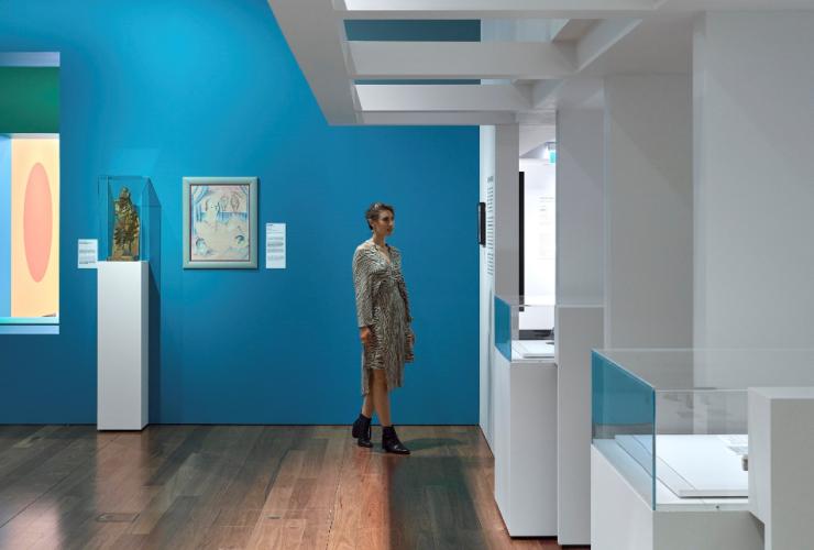 A woman looks at the Bauhaus Now exhibition at the Museum of Brisbane, Brisbane, Queensland, © Toby Scott, Museum of Brisbane A woman looks at the Bauhaus Now exhibition at the Museum of Brisbane, Brisbane, Queensland, © Toby Scott, Museum of Brisbane