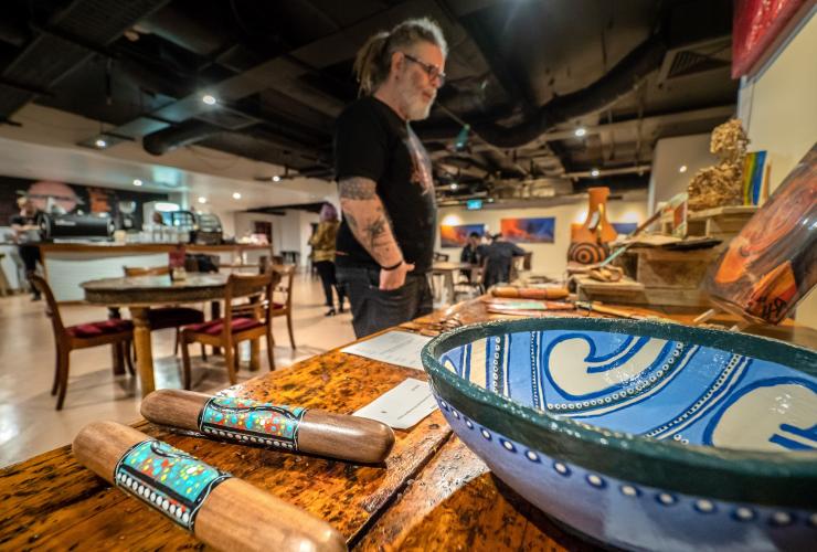 First Nations artworks displayed at Birrunga Gallery and Dining, Brisbane, Queensland © Tourism and Events Queensland First Nations artworks displayed at Birrunga Gallery and Dining, Brisbane, Queensland © Tourism and Events Queensland