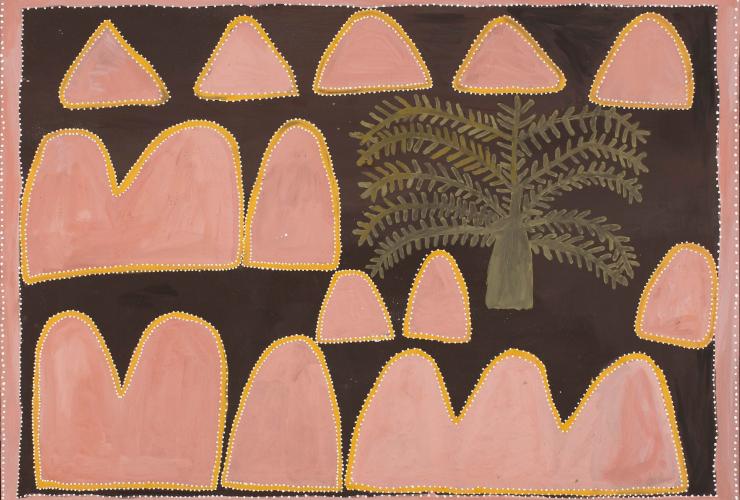 The Rainmaker artwork by Queenie (Garagarag) MCKENZIE on display at the Art Gallery of Western Australia © Queenie McKenzie, 1998 The Rainmaker artwork by Queenie (Garagarag) MCKENZIE on display at the Art Gallery of Western Australia © Queenie McKenzie, 1998