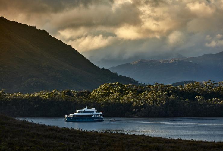 An On Board boat cruising through flat water surrounded by trees with a mountain in the background in Port Davey, Tasmania © On Board/Tim Grey An On Board boat cruising through flat water surrounded by trees with a mountain in the background in Port Davey, Tasmania © On Board/Tim Grey
