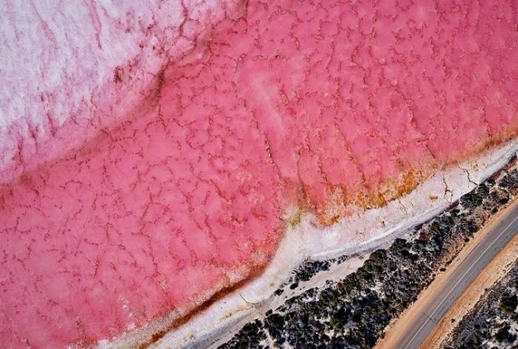 Aerial view over Pink Lake, Hutt Lagoon in Kalbarri © Tourism Western Australia Aerial view over Pink Lake, Hutt Lagoon in Kalbarri © Tourism Western Australia