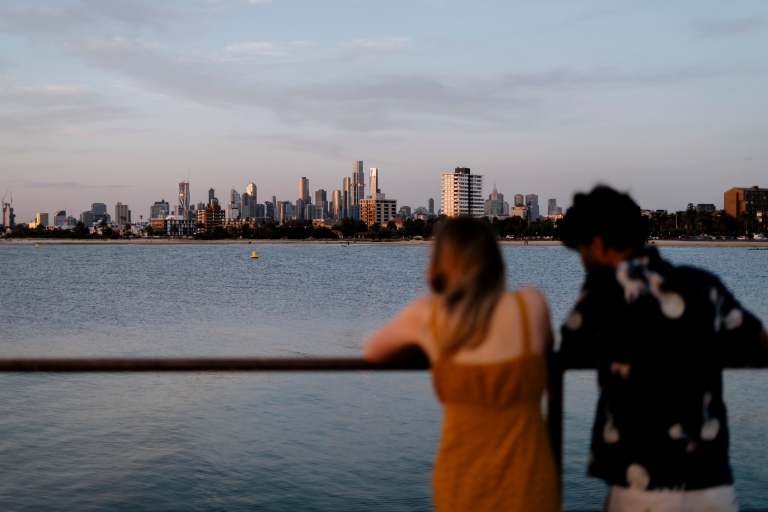 A man and woman admiring the distant view of the city from St Kilda Pier, Melbourne, Victoria © Visit Victoria A man and woman admiring the distant view of the city from St Kilda Pier, Melbourne, Victoria © Visit Victoria