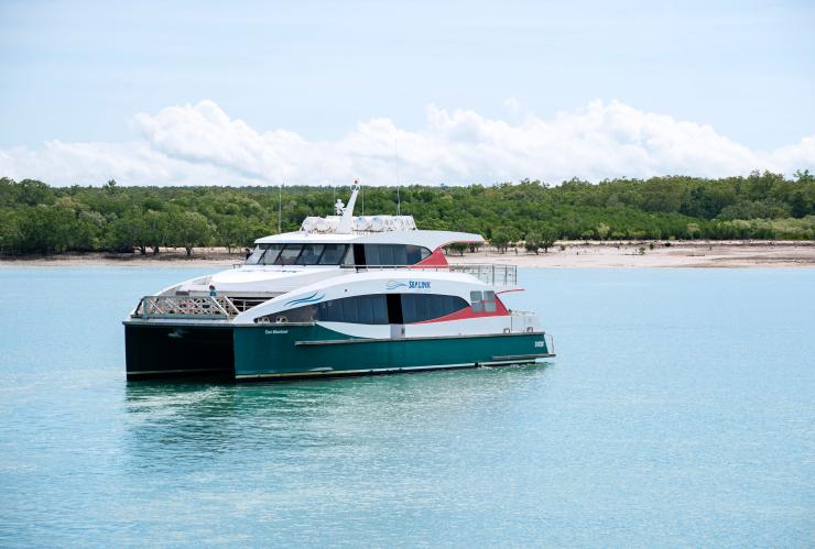 A SeaLink NT ferry arriving at Bathurst Island for a Tiwi Tours day trip, NT © Tourism NT/Shaana McNaught A SeaLink NT ferry arriving at Bathurst Island for a Tiwi Tours day trip, NT © Tourism NT/Shaana McNaught