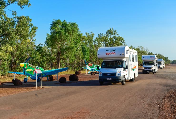 Apollo camper vans drive along the historic Strauss Airfield, Northern Territory © Tourism NT/Steve Strike Apollo camper vans drive along the historic Strauss Airfield, Northern Territory © Tourism NT/Steve Strike