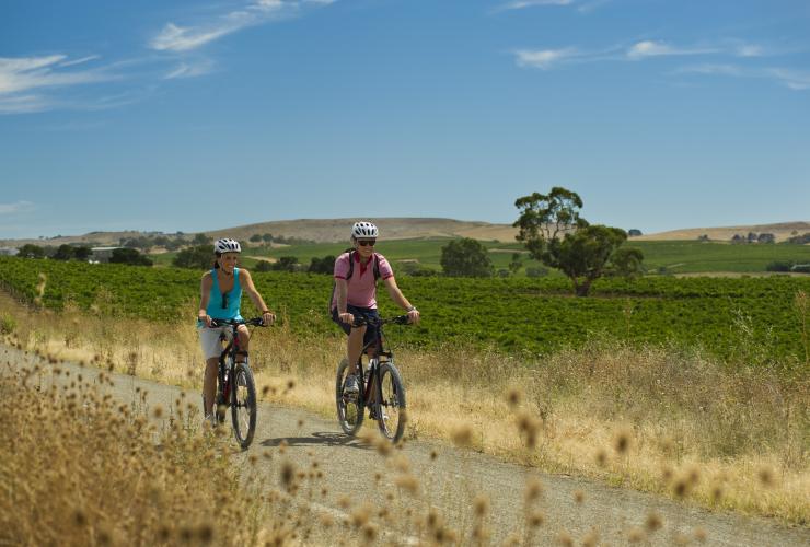 Deux personnes à vélo sur le Riesling Trail à Clare Valley, Adélaïde, Australie du Sud © Mike Annese Deux personnes à vélo sur le Riesling Trail à Clare Valley, Adélaïde, Australie du Sud © Mike Annese