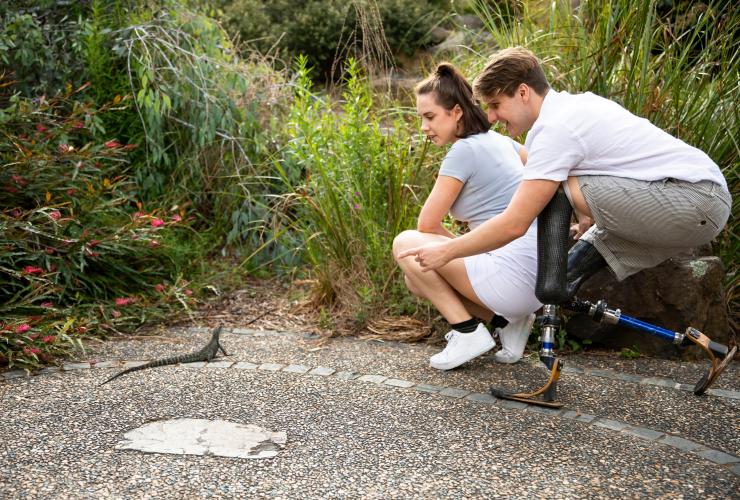 Uomo con ausili alla mobilità e una donna che guardano una lucertola nei National Botanic Gardens, Canberra, Australian Capital Territory © Tourism Australia