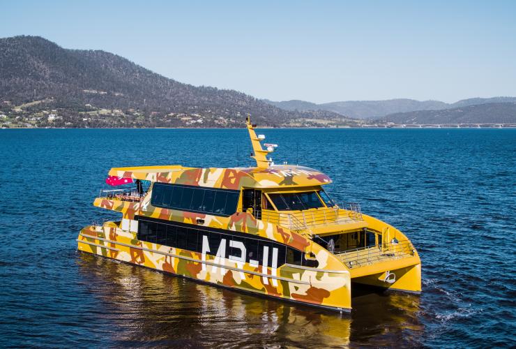 Aerial of a yellow camouflage painted MR-II ferry to the Museum of Old and New Art, Hobart, Tasmania © MONA/Stu Gibson Aerial of a yellow camouflage painted MR-II ferry to the Museum of Old and New Art, Hobart, Tasmania © MONA/Stu Gibson
