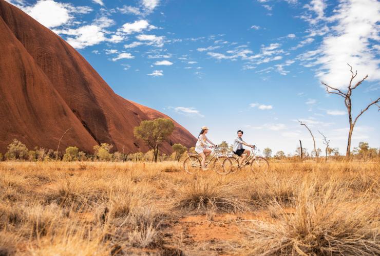 Zwei Radfahrer fahren durch eine Graslandschaft mit den hoch aufragenden roten Felswänden des Uluru hinter sich, Uluru-Kata Tjuta National Park, Northern Territory © Tourism NT