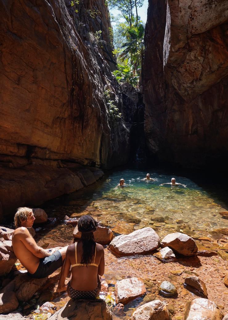 Eine Gruppe von Personen schwimmt, umgeben von roten Felsklippen, im El Questro Wilderness Park in einem Bach, Kimberley, Westaustralien © Tourism Australia